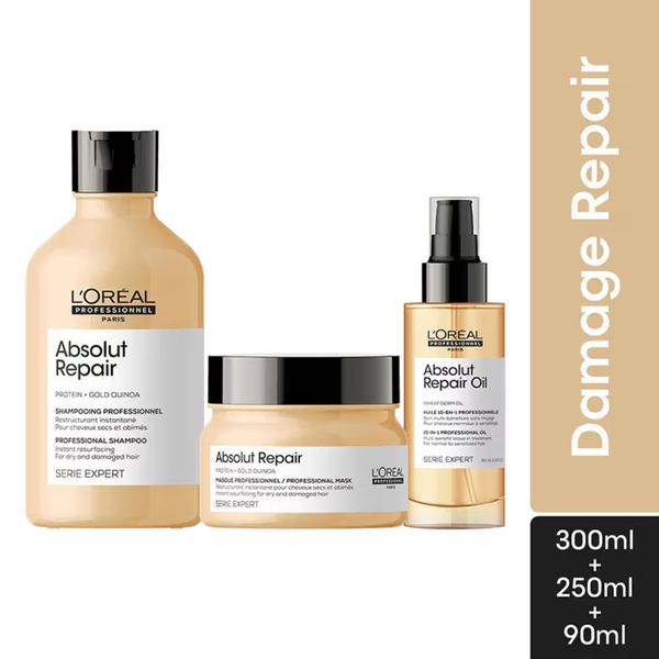 L'Oreal Professionnel Absolut Repair Shampoo 300ml, Hair Mask 250gm & Hair Serum 90ml, Serie Expert  With Protein And Gold Quinoa For Dry And Damaged Hair