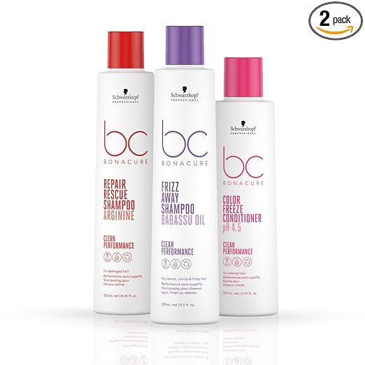 Schwarzkopf Professional Bonacure Combo - Frizz Away Shampoo with Babassu Oil (250 ml) | For Frizzy Hair and Color Freeze Conditioner pH 4.5 (250 ml) | For Colored Hair and Repair Rescue Shampoo with Arginine (250 ml) | For Damaged Hair