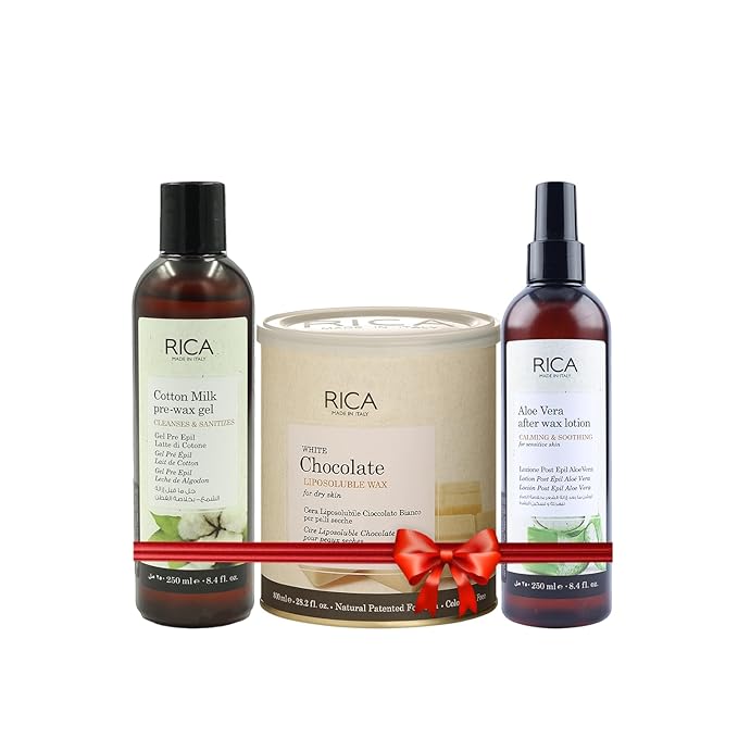 Rica White Chocolate Wax Combo Kit (1 Rica Body Wax, 1 Cotton Milk Pre Waxing Gel, 1 Rica Aloe Vera After wax lotion)