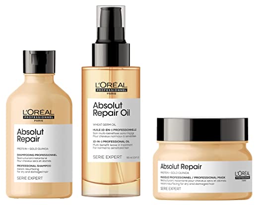 L'Oreal Professionnel Absolut Repair Shampoo 300ml, Hair Mask 250gm & Hair Serum 90ml, Serie Expert  With Protein And Gold Quinoa For Dry And Damaged Hair